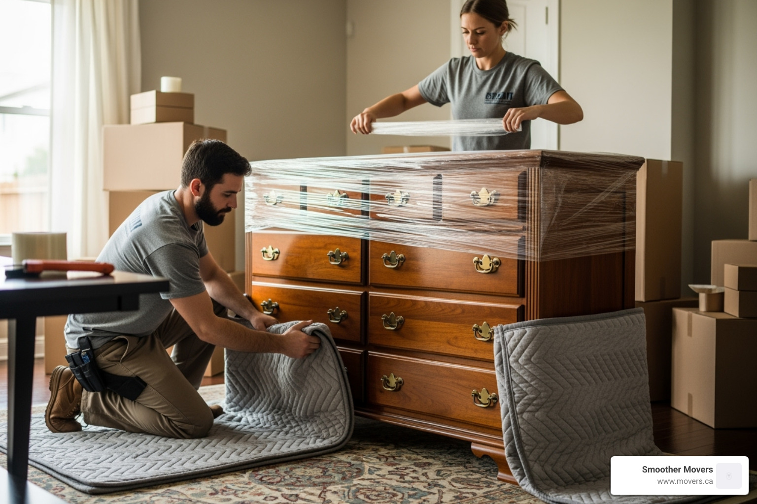 Smoother Movers’ team carefully wrapping a large piece of furniture - moving and storage kelowna
