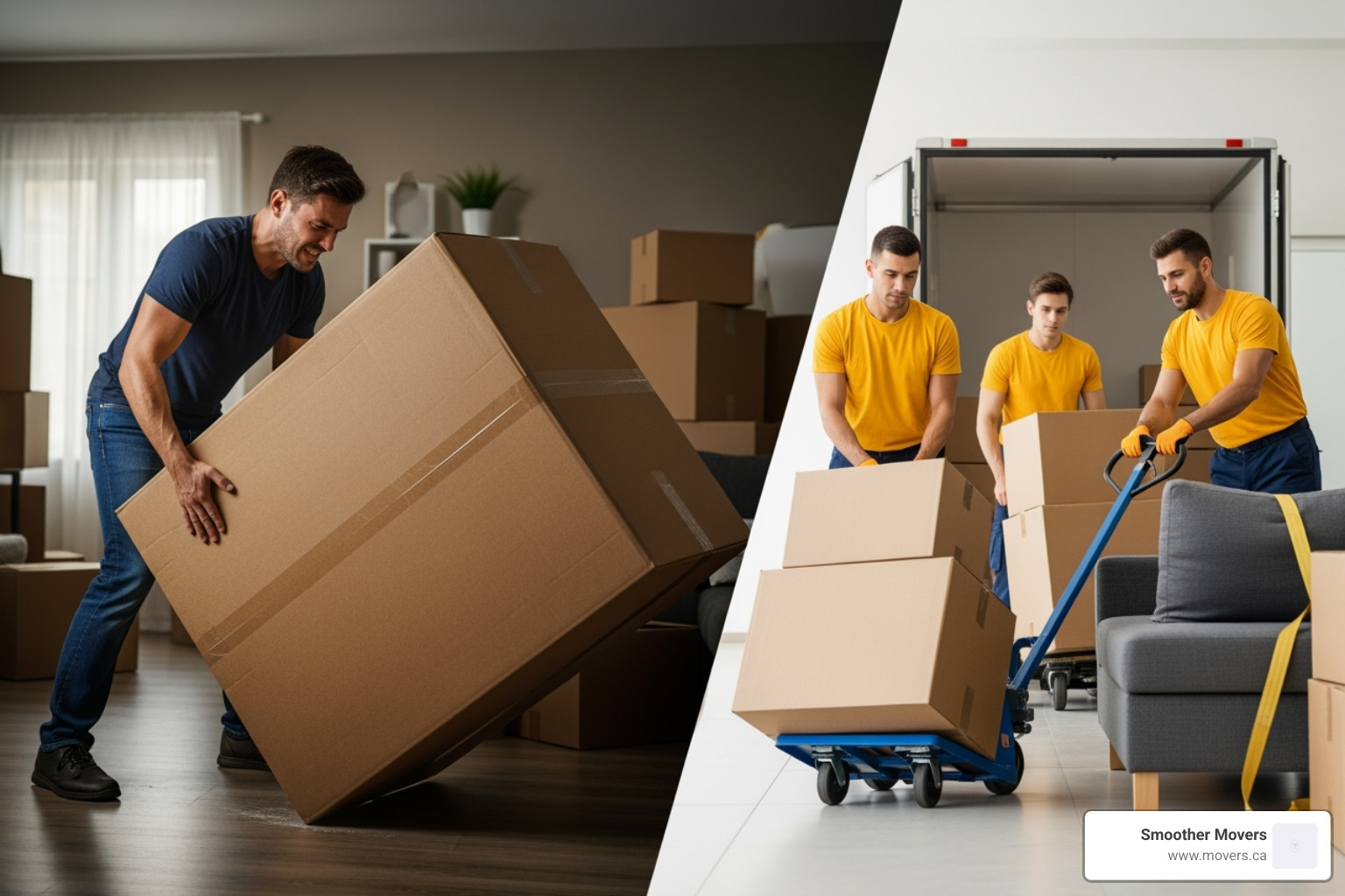 someone struggling with a heavy box vs. Smoother Movers professionals using equipment - moving and storage kelowna