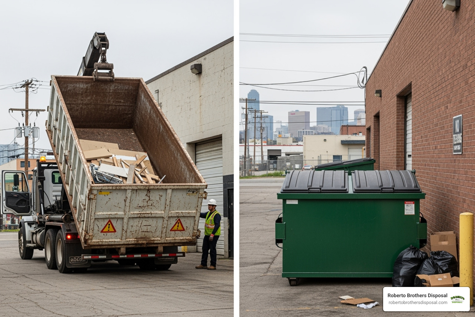 comparing a roll-off dumpster to a smaller, front-load commercial dumpster - Commercial roll off