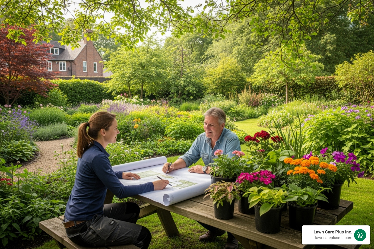 A landscape designer and homeowner reviewing blueprints and plant samples in a lush garden setting. - residential landscaping services