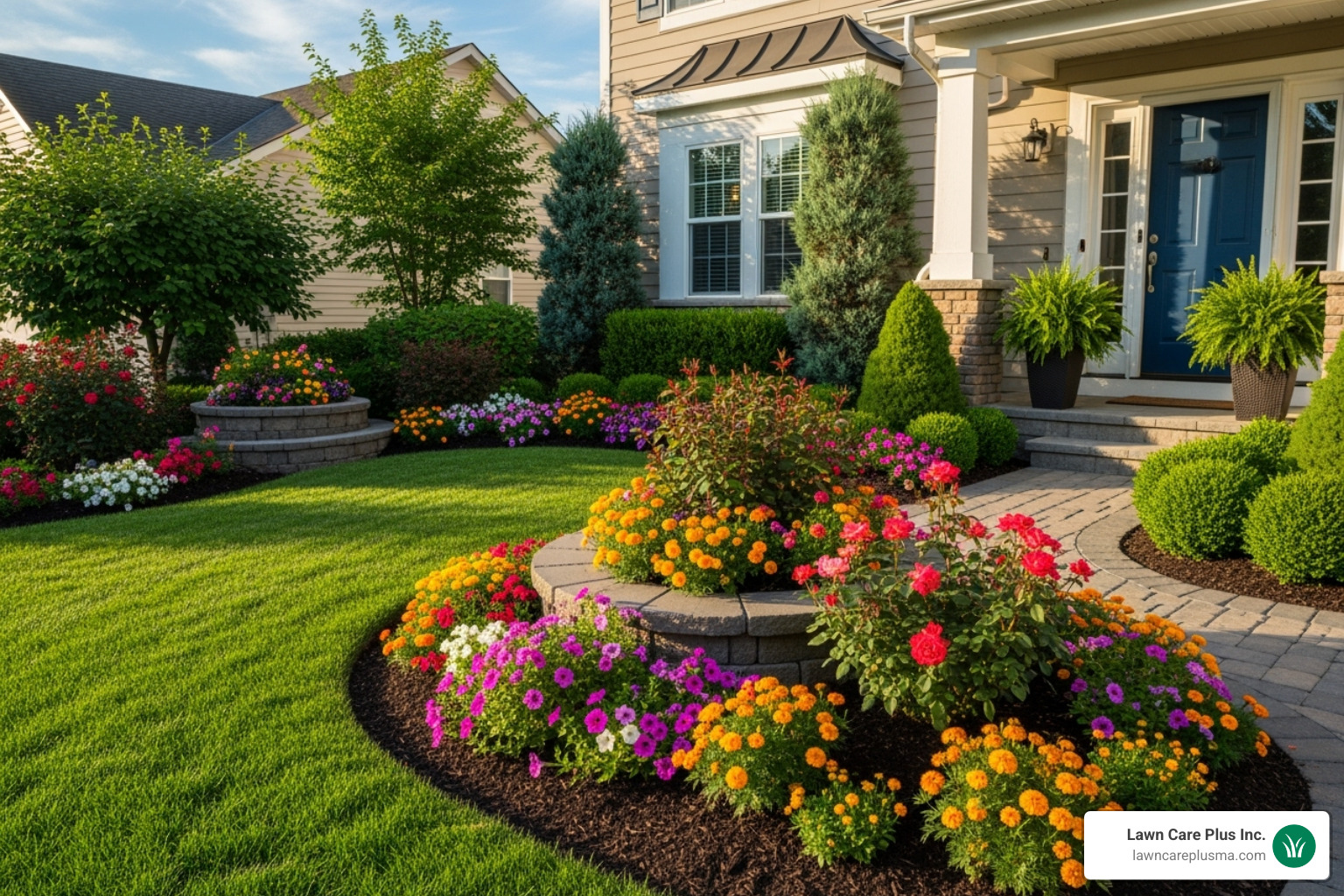 A beautifully manicured front yard with vibrant flowers, healthy lawn, and well-maintained shrubs, contributing to high curb appeal and increasing property value. - residential landscaping services