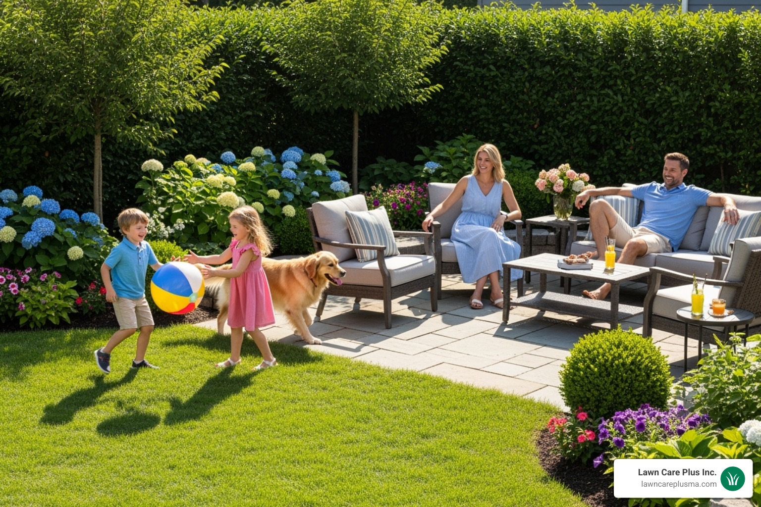 A happy family enjoying their newly landscaped backyard, with children playing on the lawn and adults relaxing on a patio, surrounded by lush plants. - residential landscaping services