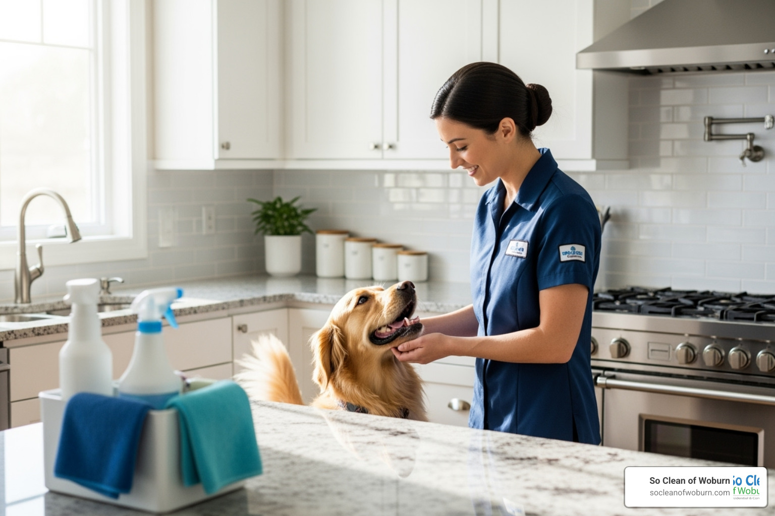 cleaner smiling while petting a dog in a clean kitchen - house cleaning rates cleaner smiling while petting a dog in a clean kitchen - house cleaning rates
