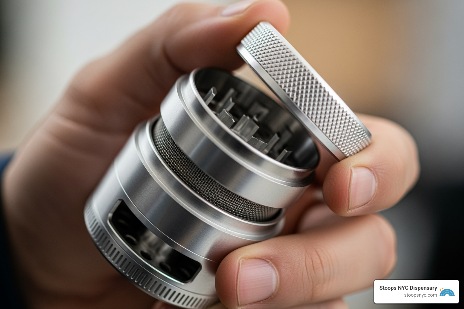 hand holding a multi-chamber grinder - Beginner’s guide to cannabis accessories