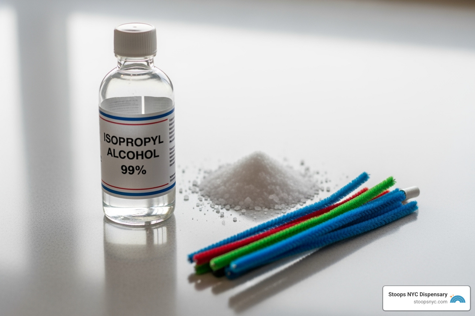 cleaning supplies: isopropyl alcohol, coarse salt, pipe cleaners - Beginner’s guide to cannabis accessories