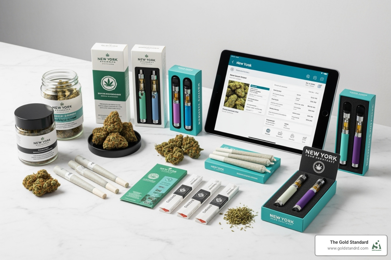 A curated selection of New York-compliant cannabis products like flower, pre-rolls, and vape pens, artfully arranged with a digital tablet displaying product information. - terp bros