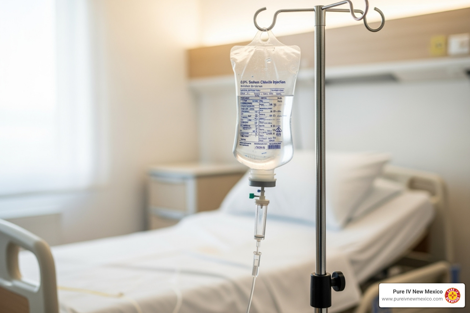 IV bag with a saline solution hanging on a stand - iv fluids for dehydration