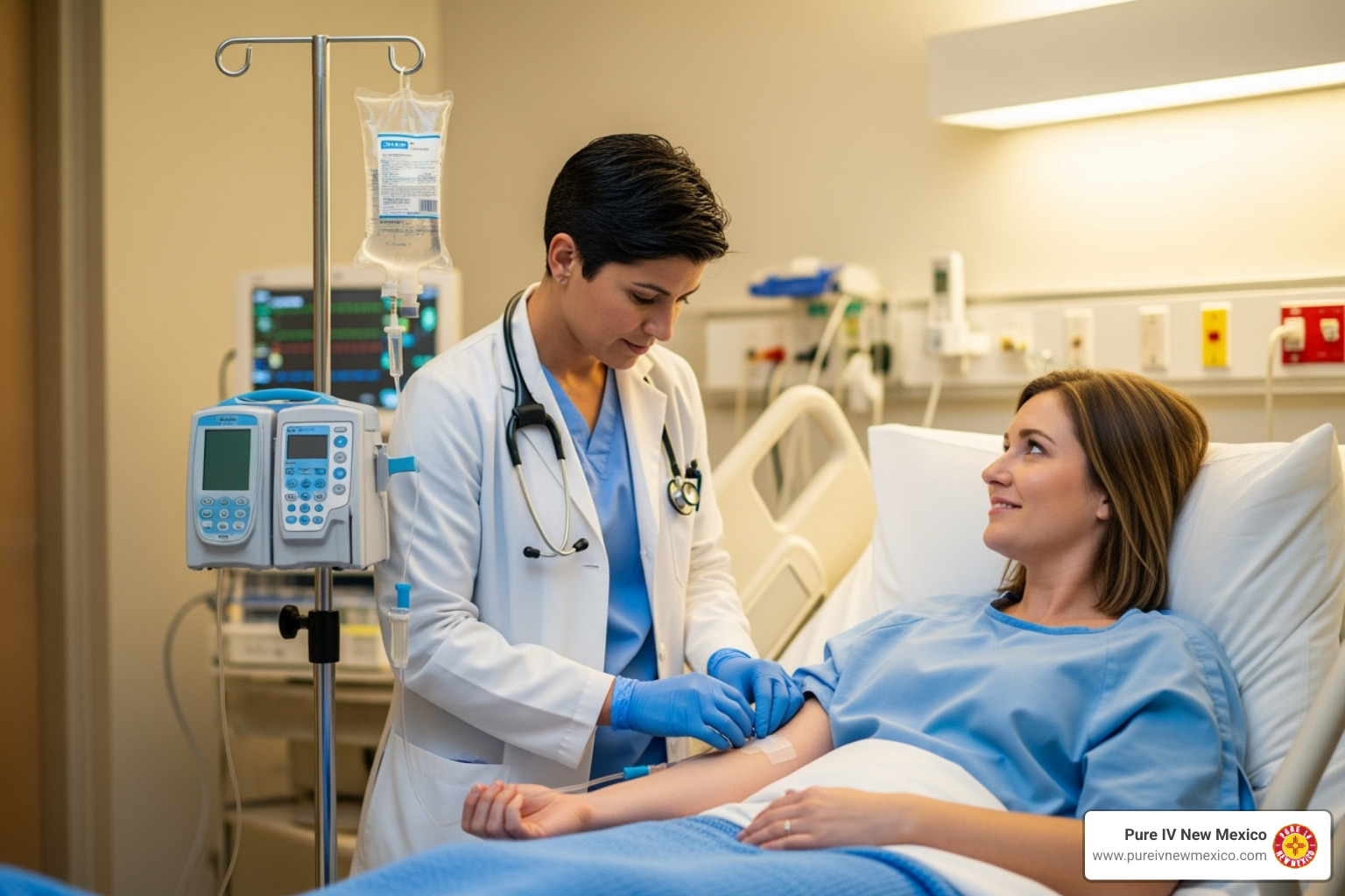 medical professional administering an IV drip - iv fluids for dehydration
