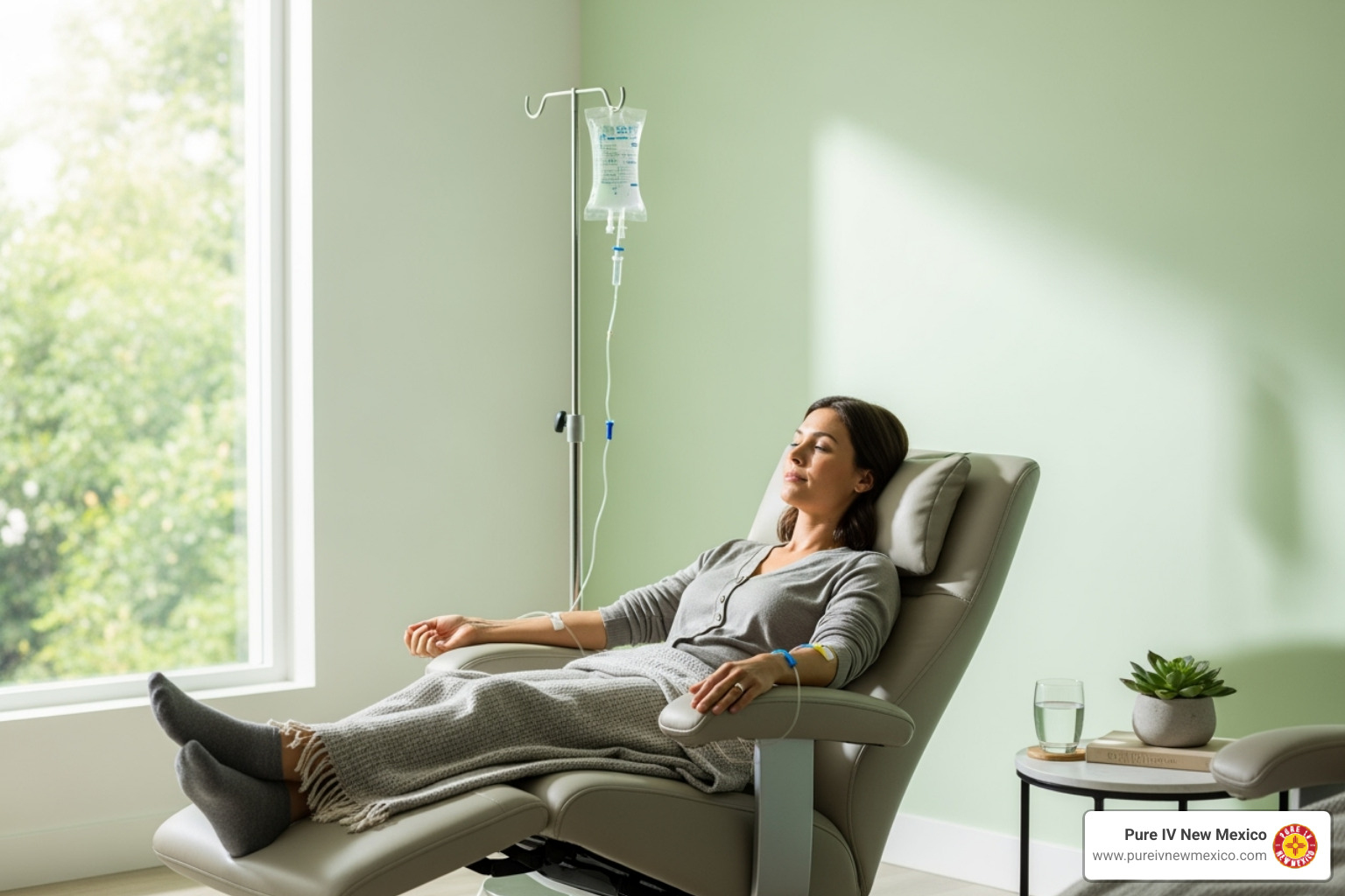 person relaxing in a chair while receiving an IV drip - iv fluids for dehydration