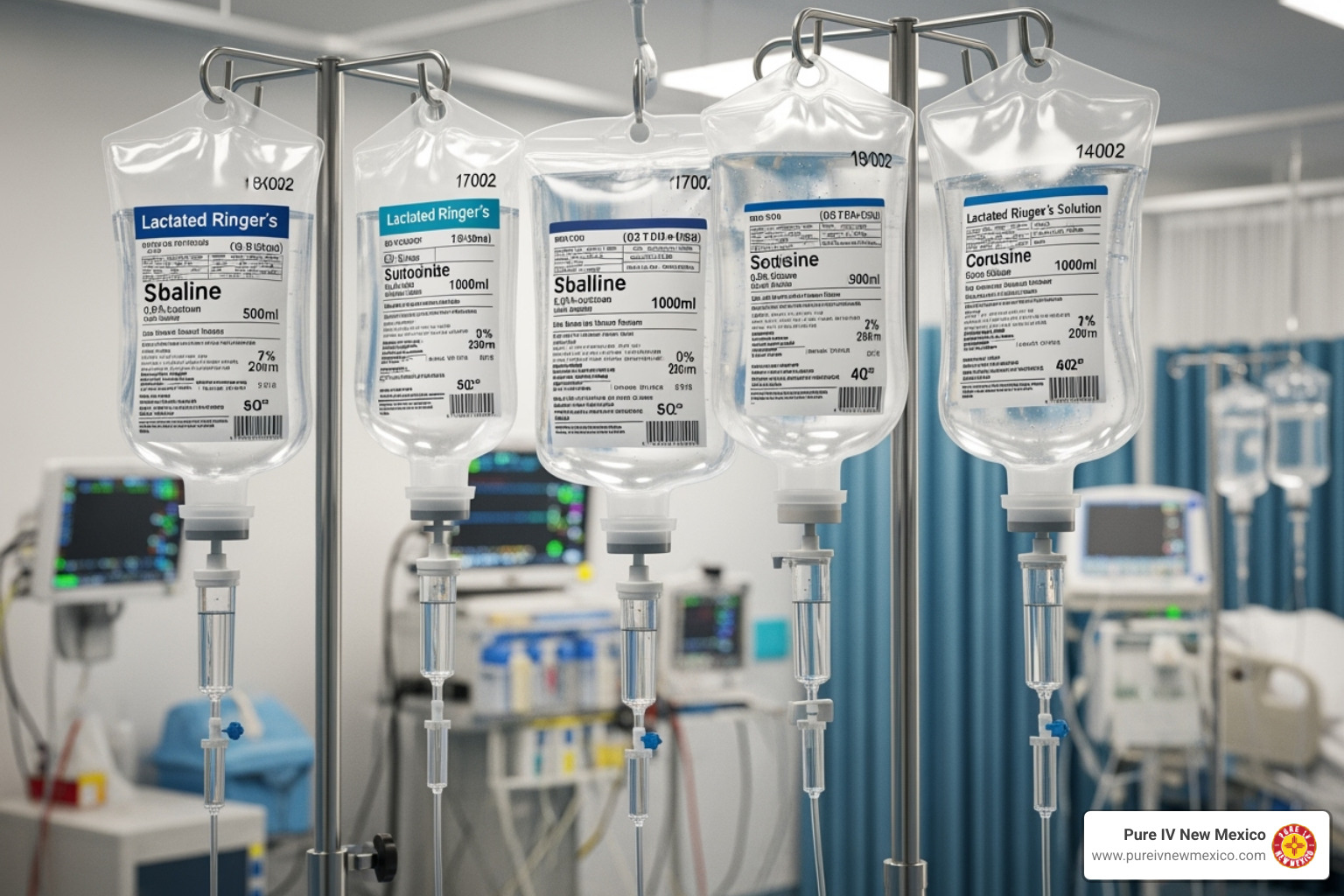 different types of IV fluid bags (e.g., Saline, Lactated Ringer's) - iv fluids for dehydration