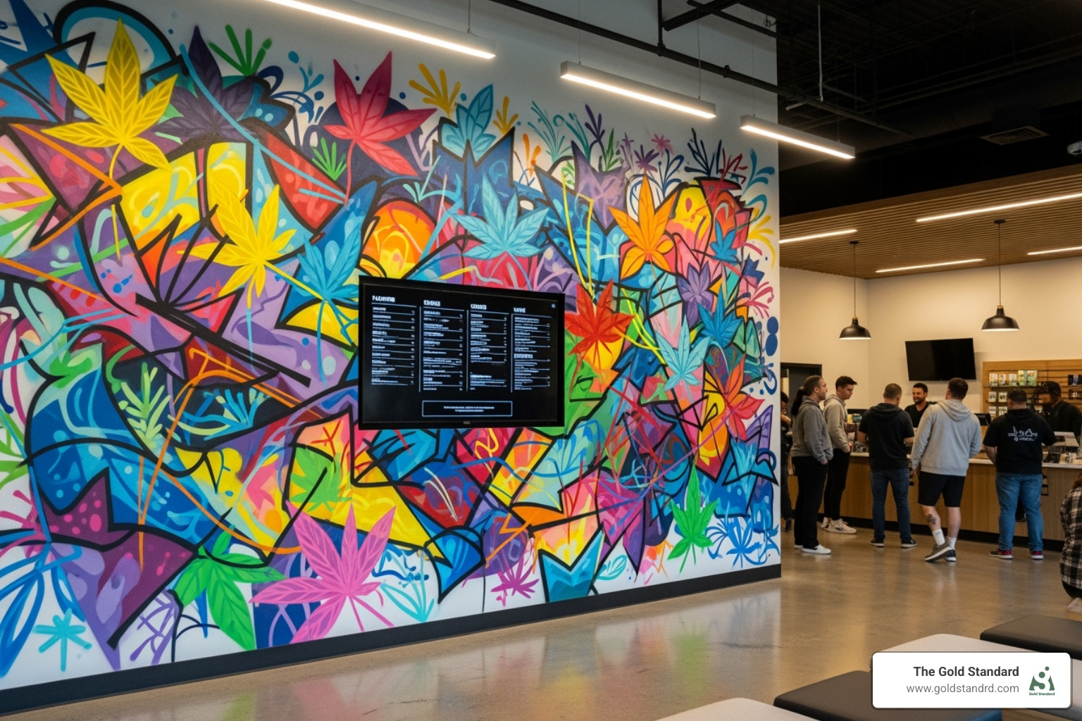 Vibrant graffiti art inside the Terp Bros dispensary with a digital menu display - terp bros