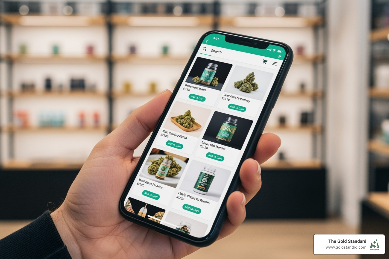 A smartphone screen displaying the Terp Bros online store with a blurred background of a modern cannabis dispensary interior, emphasizing digital accessibility. - terp bros