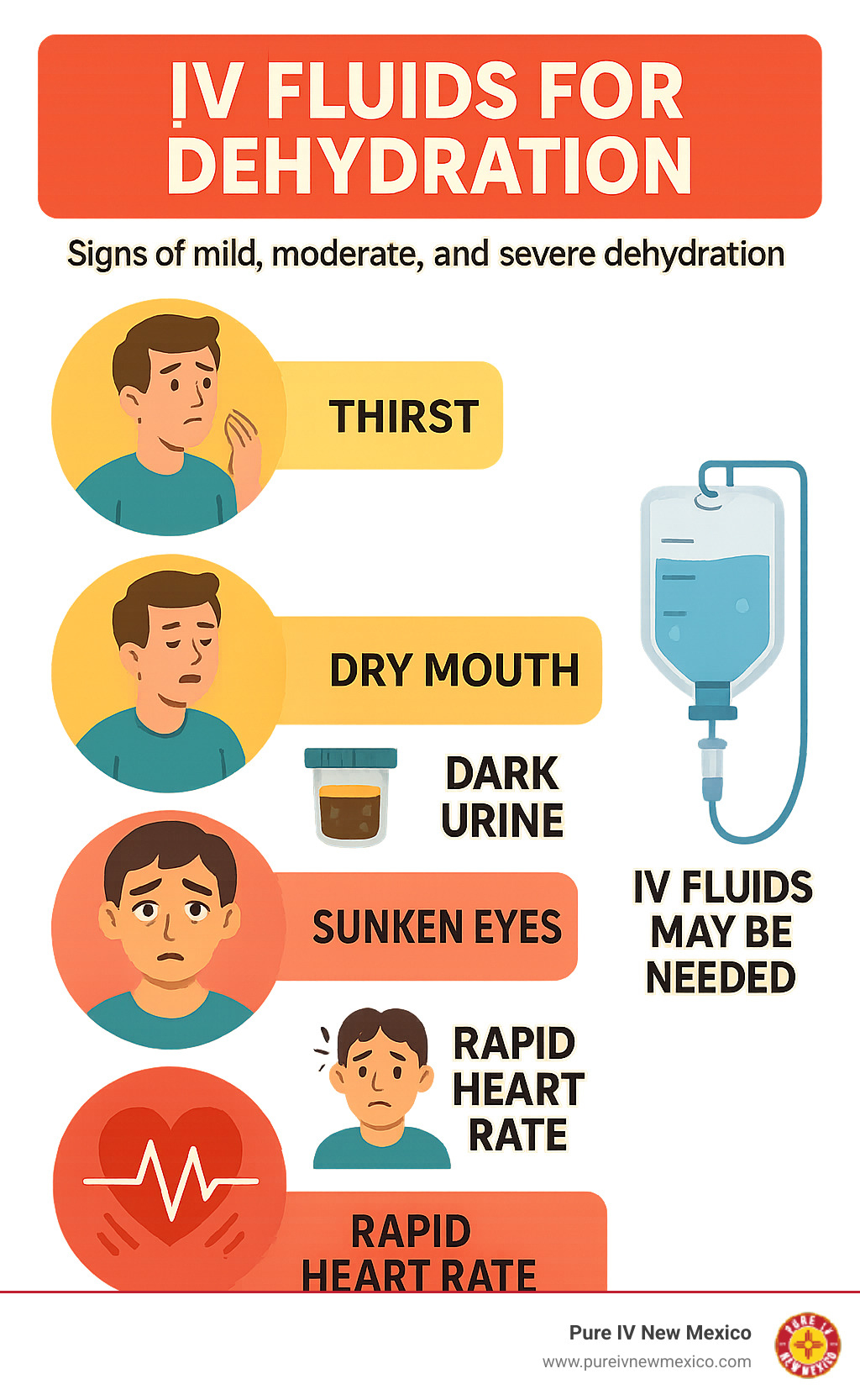Infographic detailing signs of mild, moderate, and severe dehydration, including thirst, dry mouth, dark urine, sunken eyes, confusion, and rapid heart rate, indicating when IV fluids might be necessary. - iv fluids for dehydration infographic 