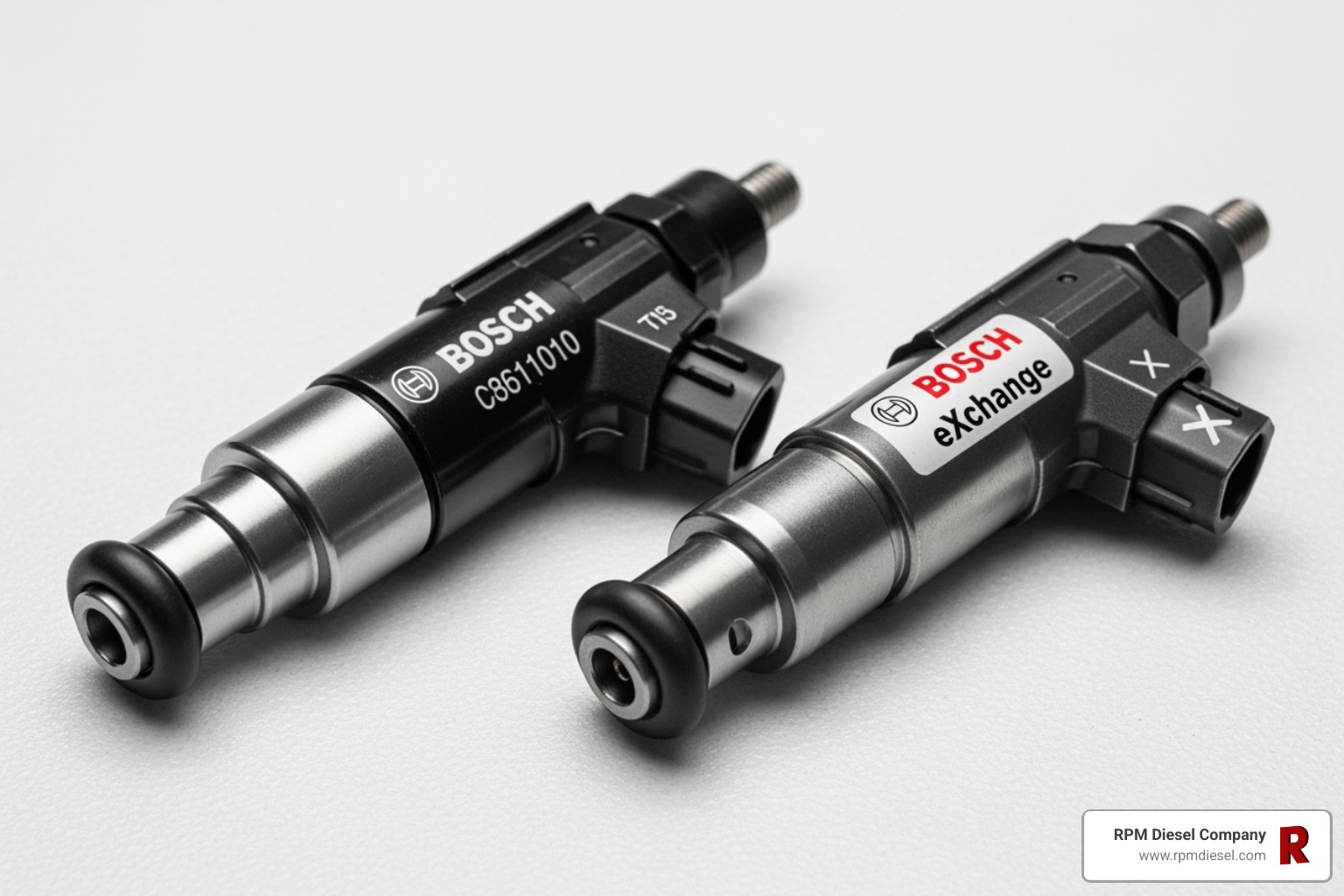 new Bosch injector next to a Bosch eXchange remanufactured injector - bosch diesel service