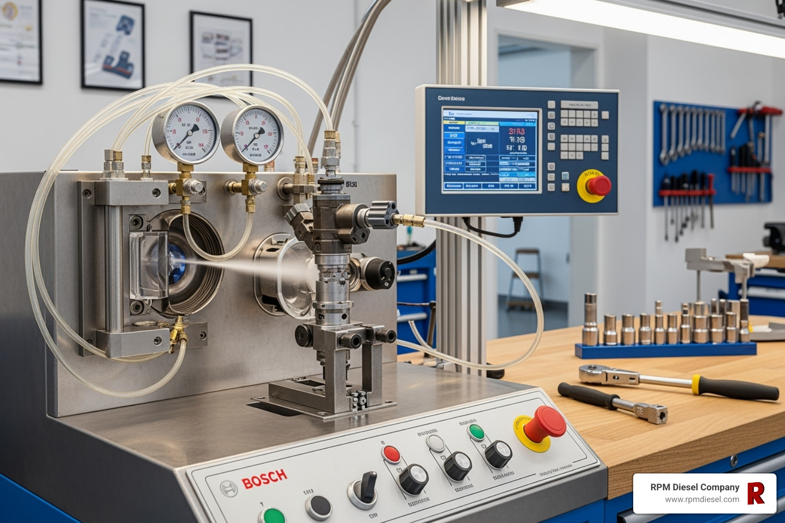 Bosch common rail injector being tested on a test bench - bosch diesel service