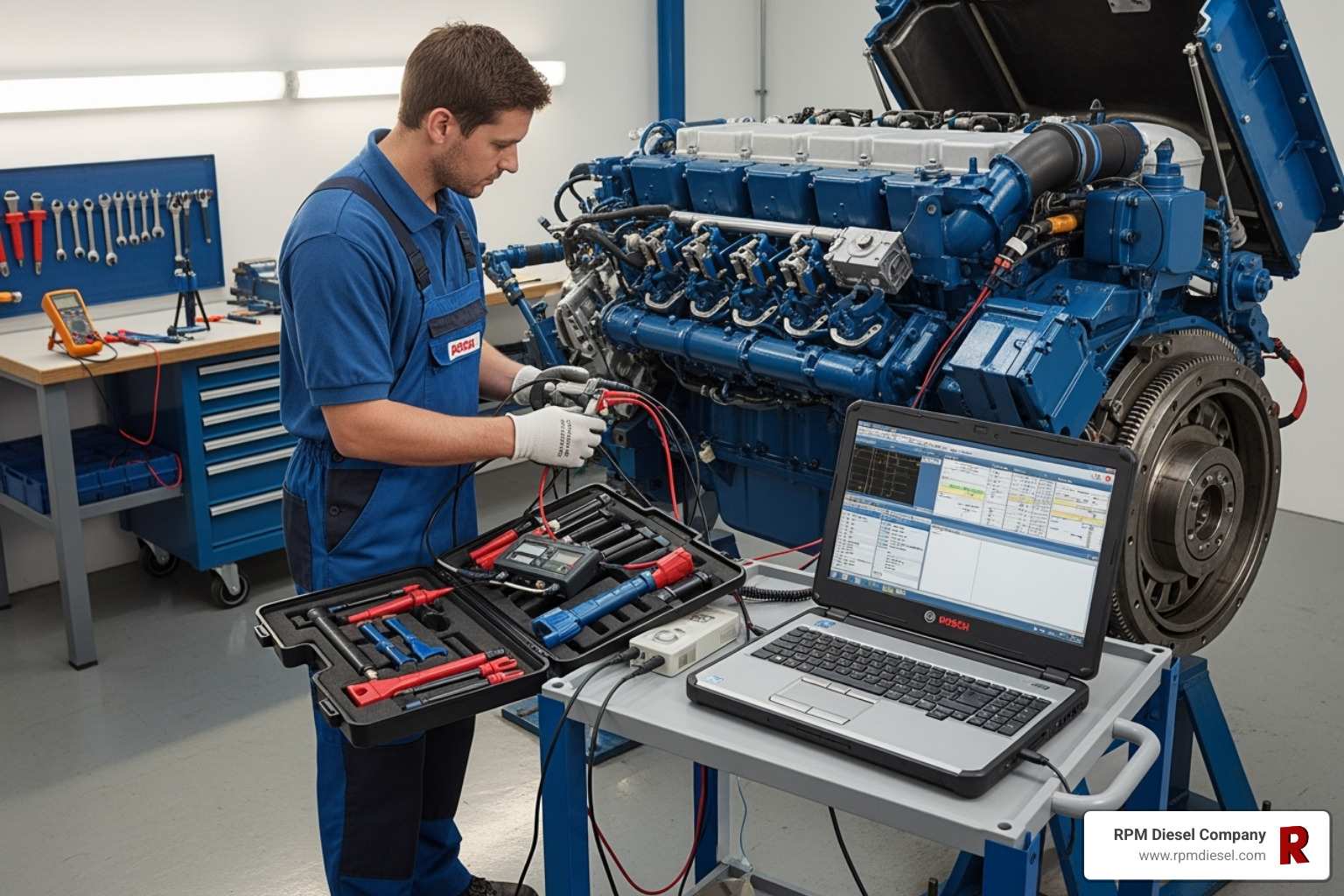 technician using Bosch diagnostic equipment on a marine engine - bosch diesel service