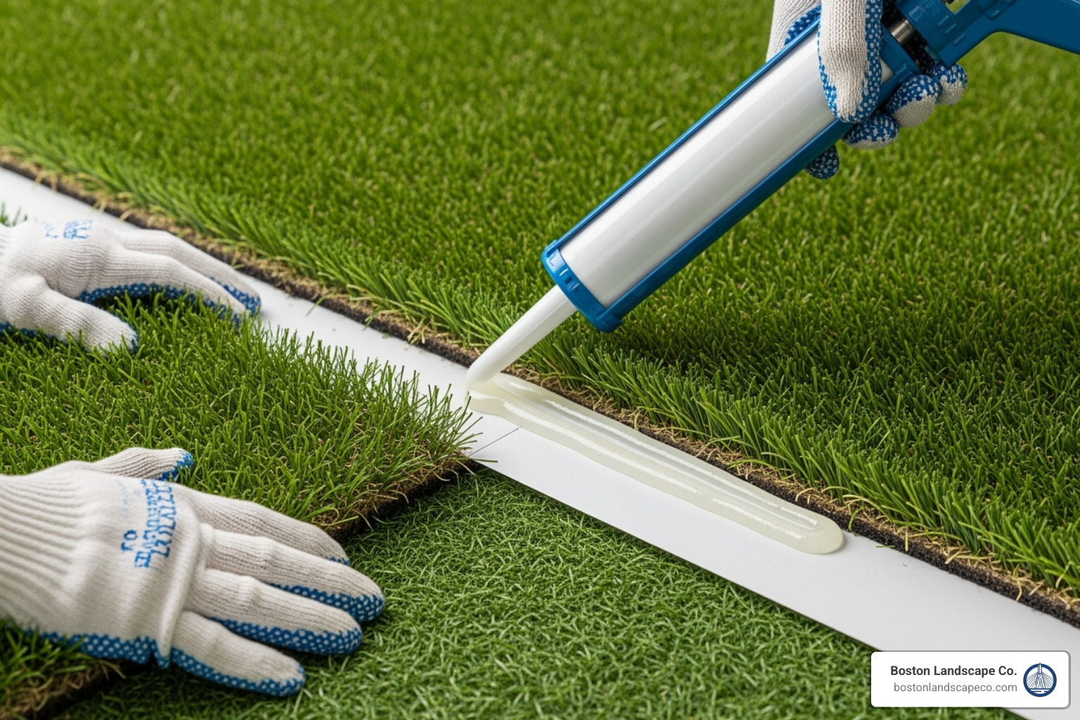 two turf pieces being joined with seam tape - Artificial Grass Installation two turf pieces being joined with seam tape - Artificial Grass Installation