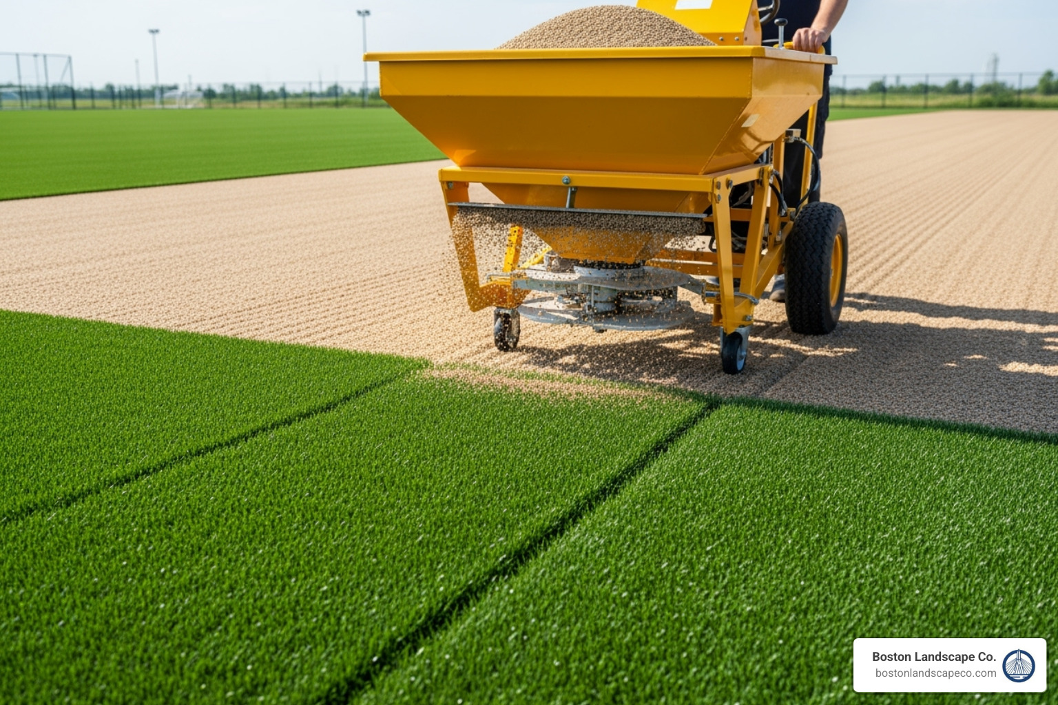 sand infill being spread with a drop spreader - Artificial Grass Installation sand infill being spread with a drop spreader - Artificial Grass Installation