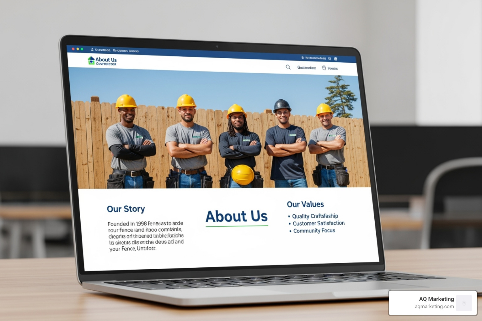 Website's 'About Us' page featuring a picture of the team and company history - fence contractor website design Website's 'About Us' page featuring a picture of the team and company history - fence contractor website design