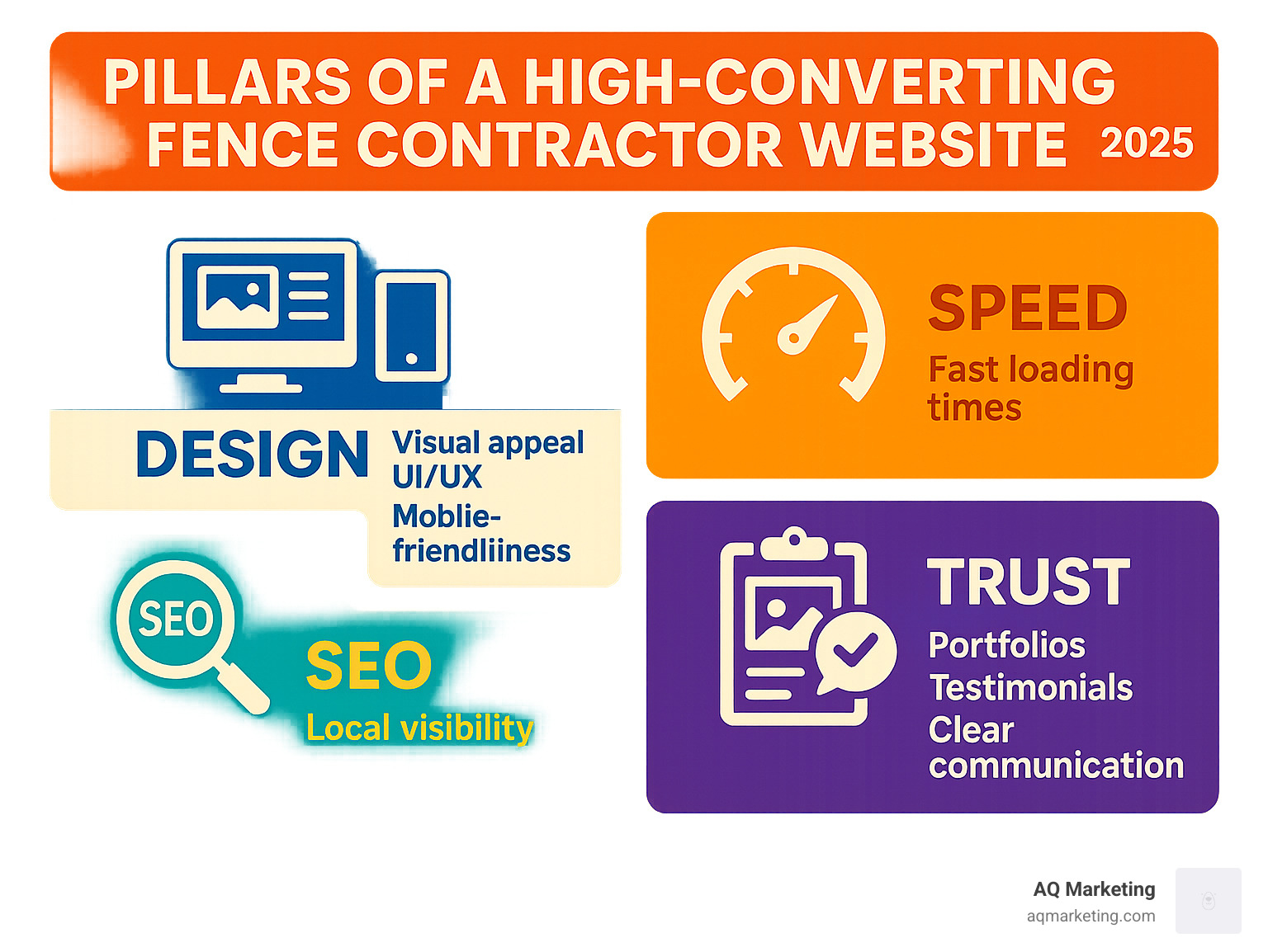 Infographic detailing the four pillars of a high-converting fence contractor website: Design (visual appeal, UI/UX, mobile-friendliness), Speed (fast loading times), SEO (search engine optimization for local visibility), and Trust (portfolios, testimonials, clear communication). - fence contractor website design infographic Infographic detailing the four pillars of a high-converting fence contractor website: Design (visual appeal, UI/UX, mobile-friendliness), Speed (fast loading times), SEO (search engine optimization for local visibility), and Trust (portfolios, testimonials, clear communication). - fence contractor website design infographic