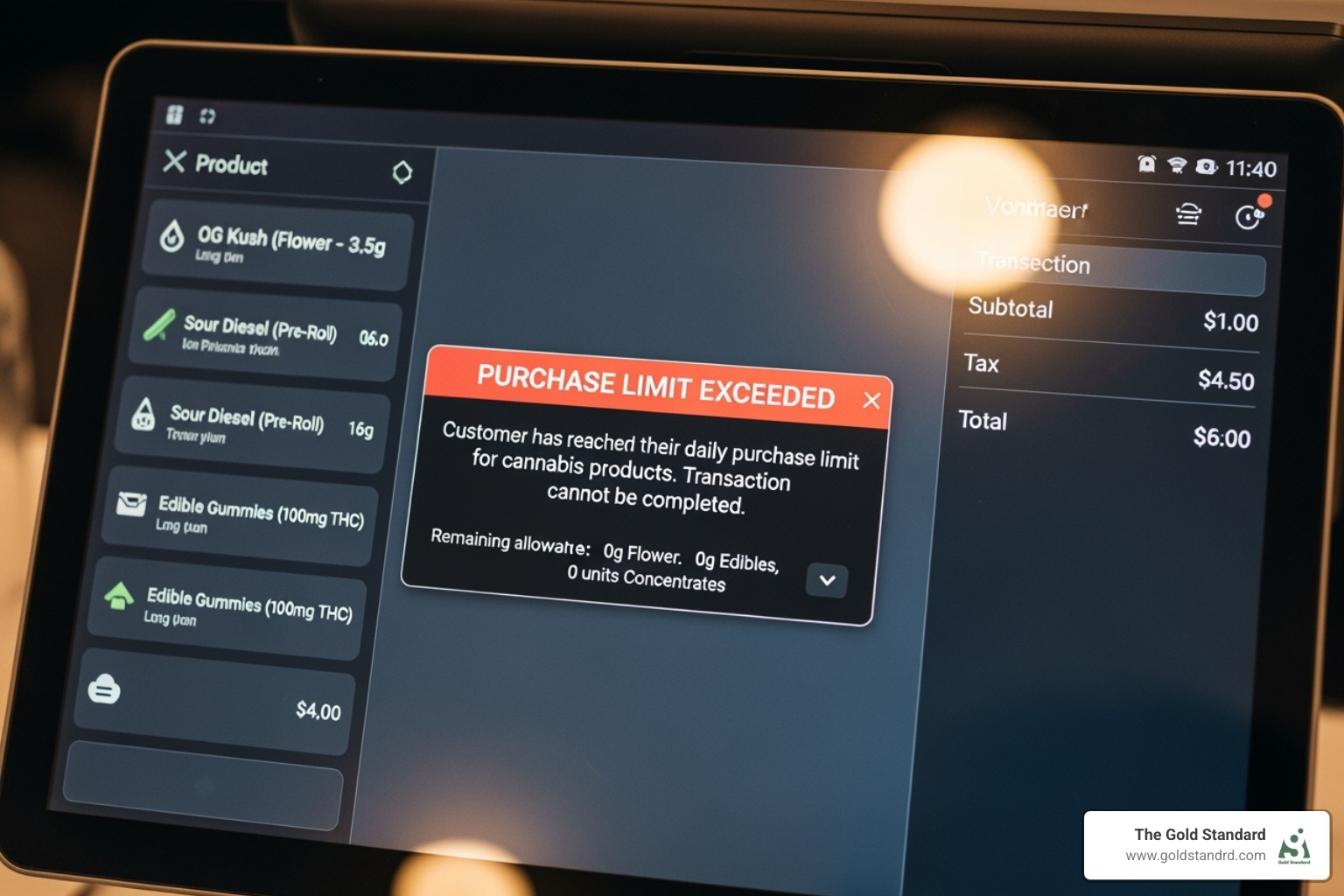 POS screen showing a compliance alert for a purchase limit - cannabis pos systems new york