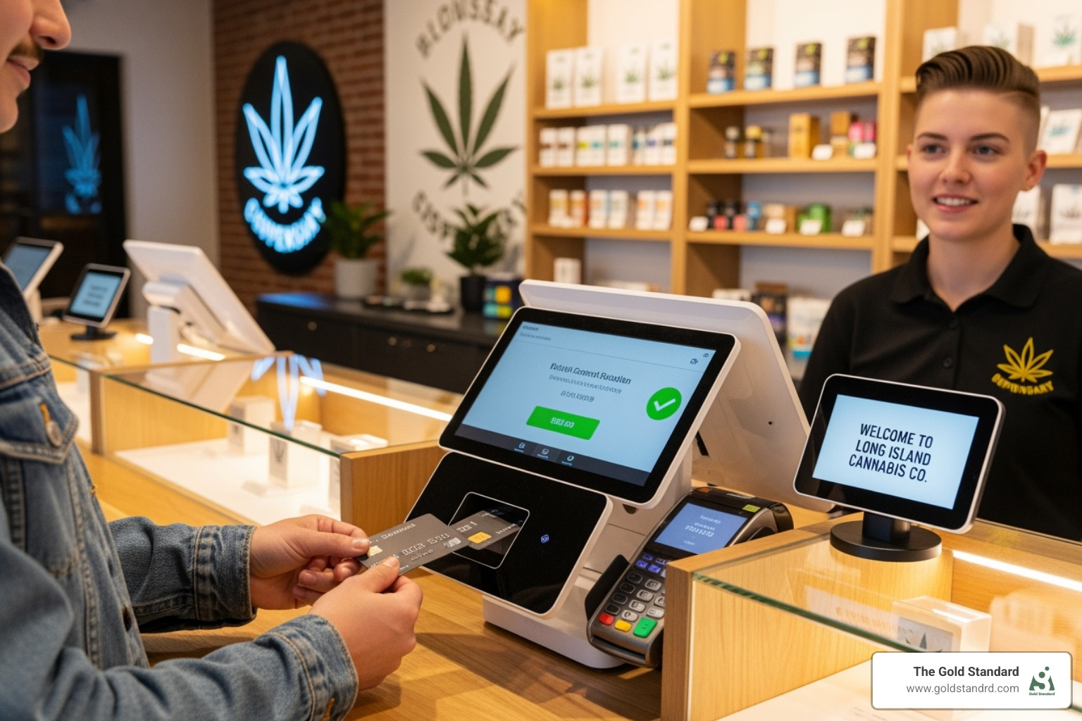 Customer completing a cashless payment at a Long Island dispensary - cannabis pos systems new york