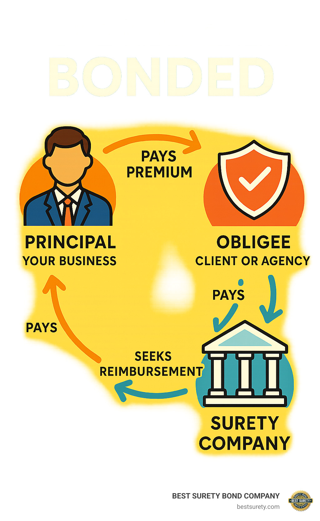 Infographic showing the three-party surety bond relationship with the Principal (your business) seeking the bond, the Obligee (client or agency) requiring the bond for protection, and the Surety Company providing the financial guarantee, with arrows showing how the Principal pays premiums to the Surety, the Surety issues the bond to the Obligee, and if claims occur, the Surety pays the Obligee but seeks reimbursement from the Principal - how to get bonded infographic 