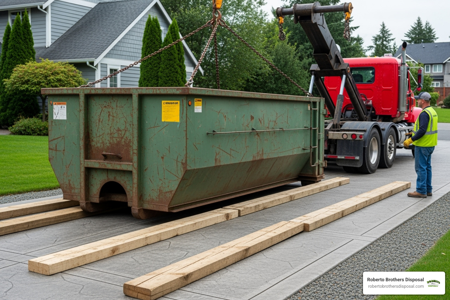 dumpster being carefully delivered onto a driveway with protective boards underneath - dumpster rentals near me dumpster being carefully delivered onto a driveway with protective boards underneath - dumpster rentals near me