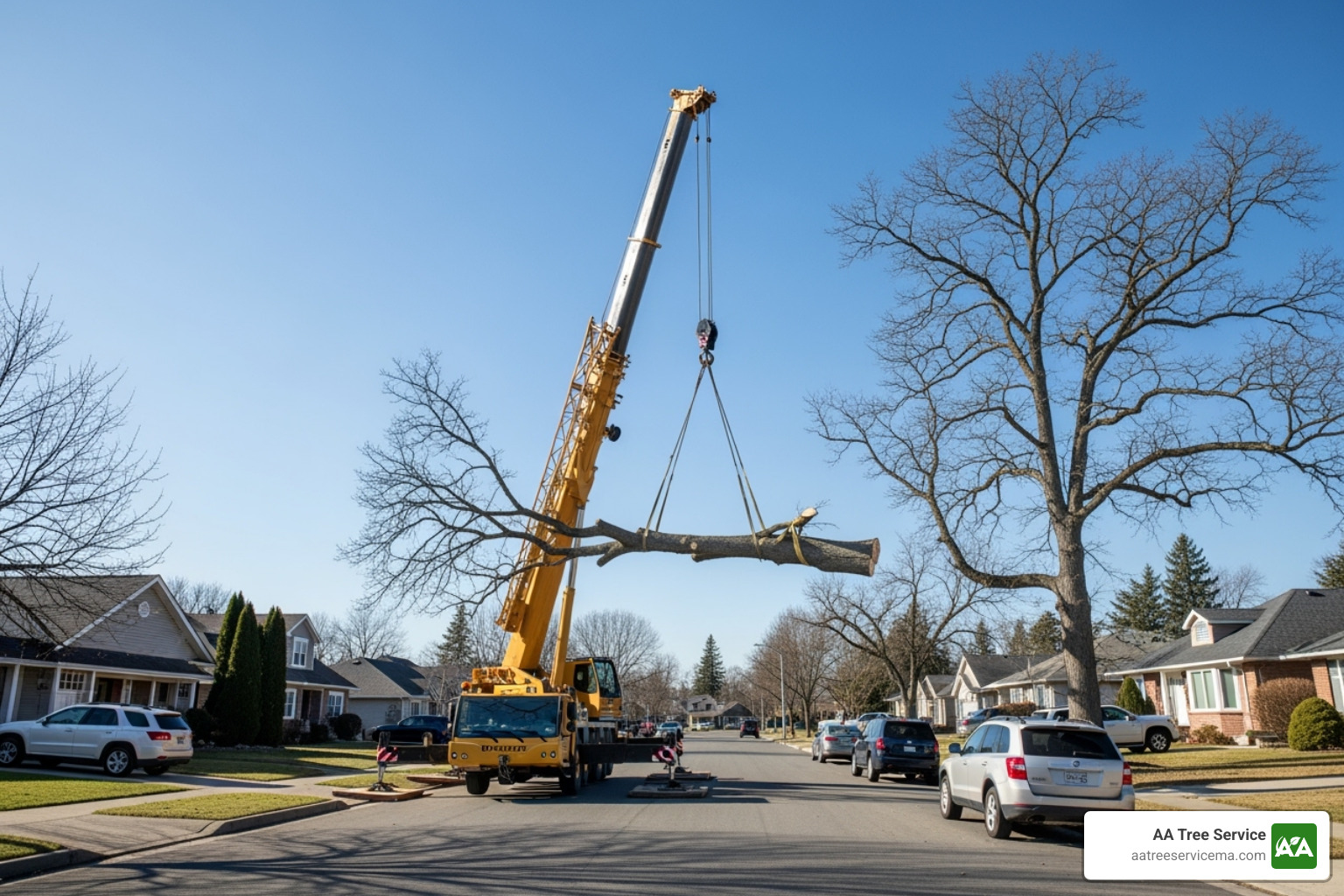 a tree service crew using a crane for a large removal - tree removal manchester nh