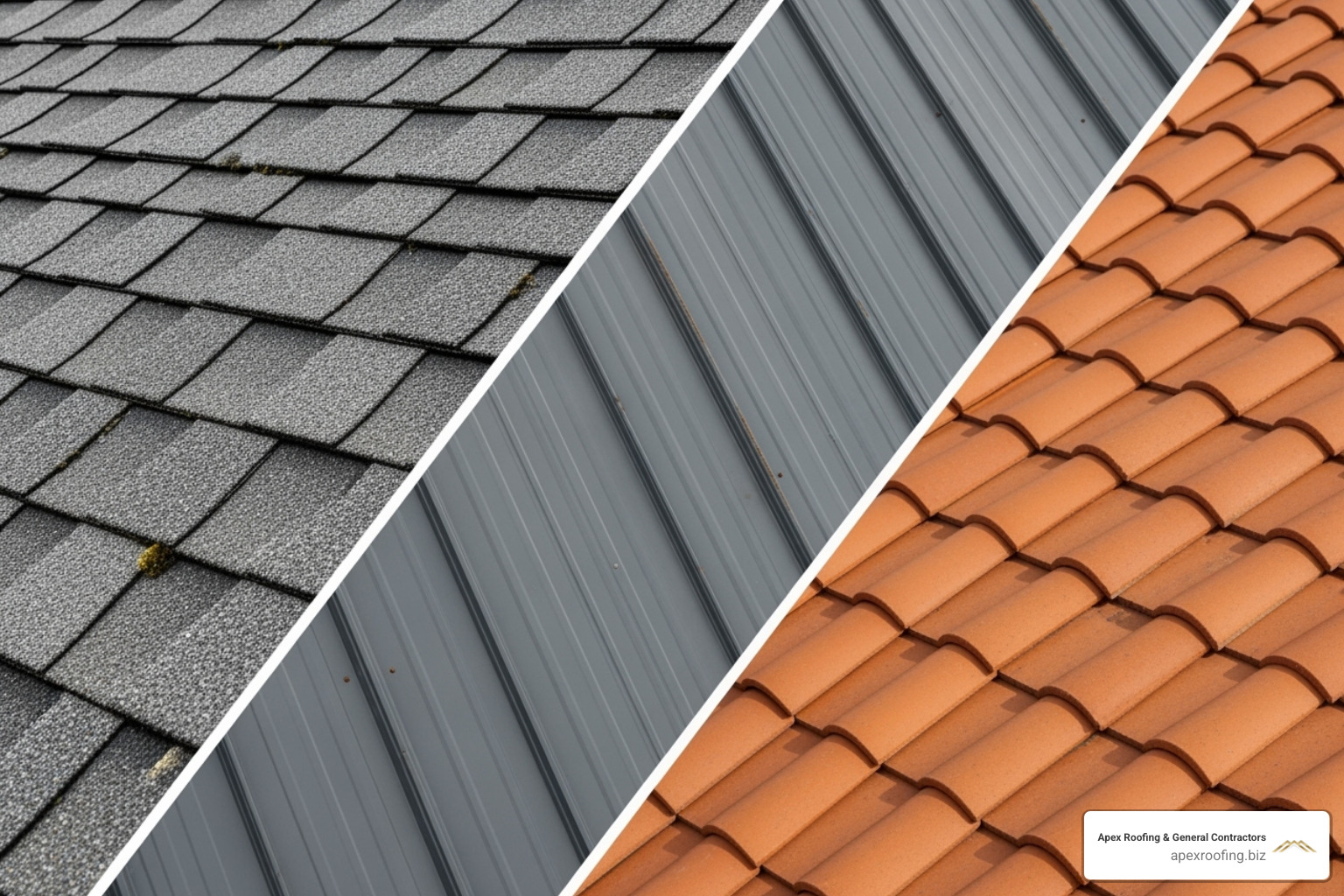 A collage showing different roofing materials like asphalt shingles, standing seam metal, and clay tiles. - roofing companies in new braunfels texas