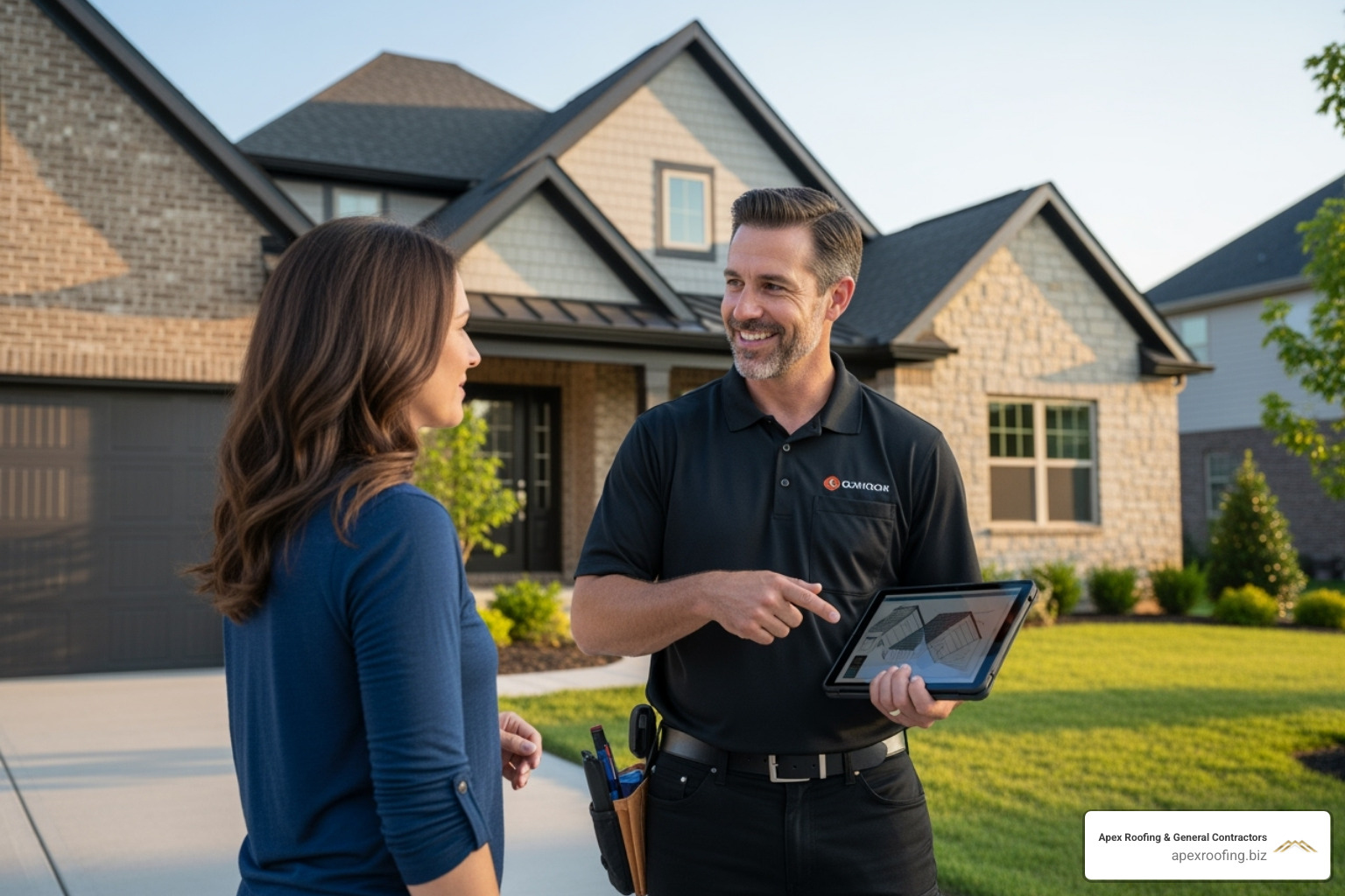 A friendly roofing contractor discussing a project with a homeowner in front of their house. - roofing companies in new braunfels texas