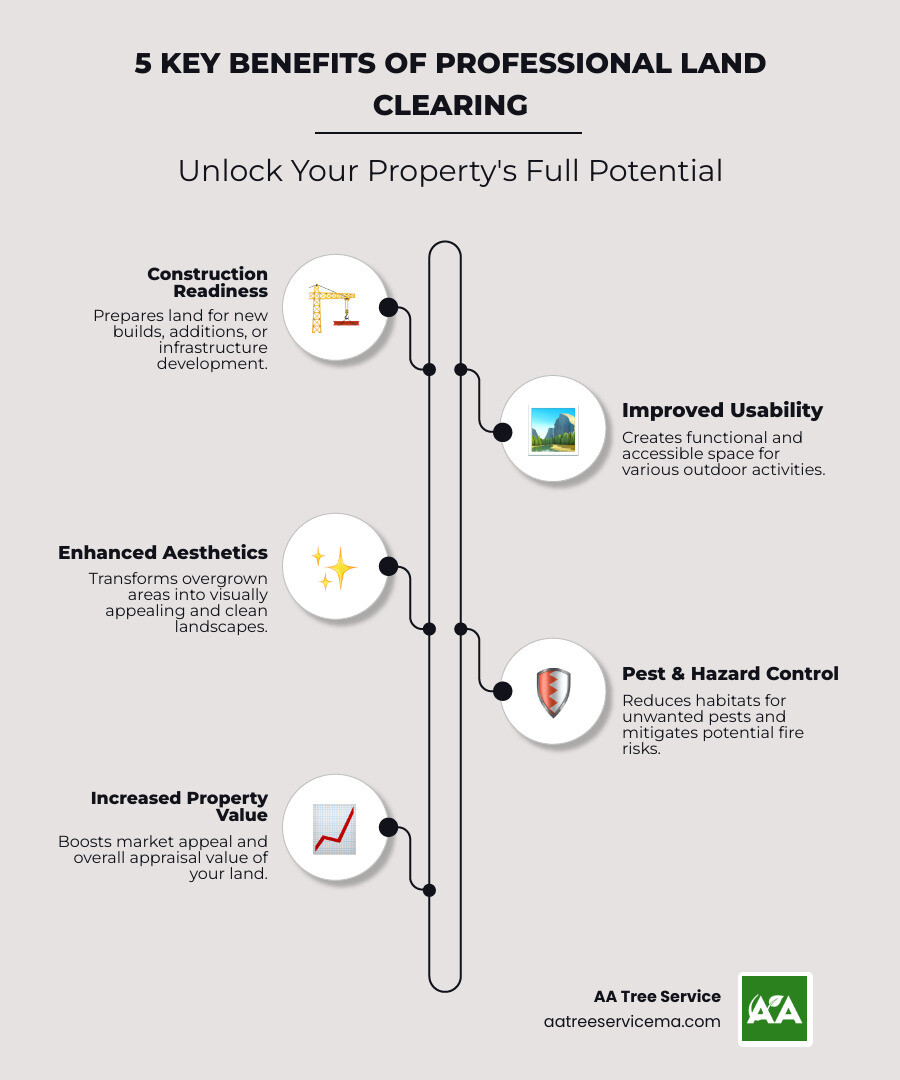 Infographic showing five key benefits of professional land clearing: preparing land for construction, improving property usability, enhancing aesthetic value, controlling pests, and increasing overall property value. - local land clearing companies infographic infographic-line-5-steps-neat_beige Infographic showing five key benefits of professional land clearing: preparing land for construction, improving property usability, enhancing aesthetic value, controlling pests, and increasing overall property value. - local land clearing companies infographic infographic-line-5-steps-neat_beige
