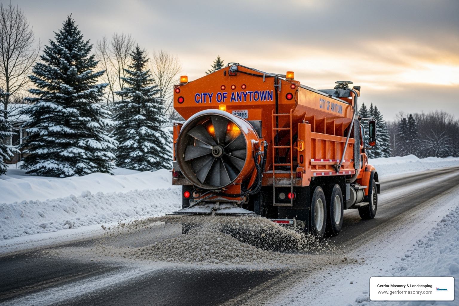 salt truck spreading de-icing material - commercial snow plowing companies near me
