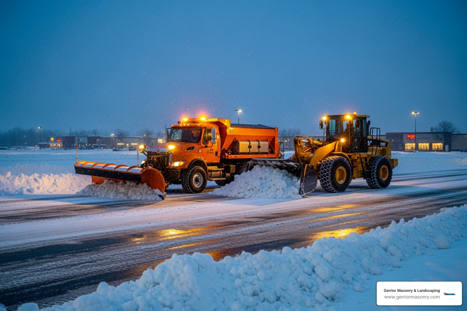 snow removal equipment like a front-end loader and a plow truck - commercial snow plowing companies near me