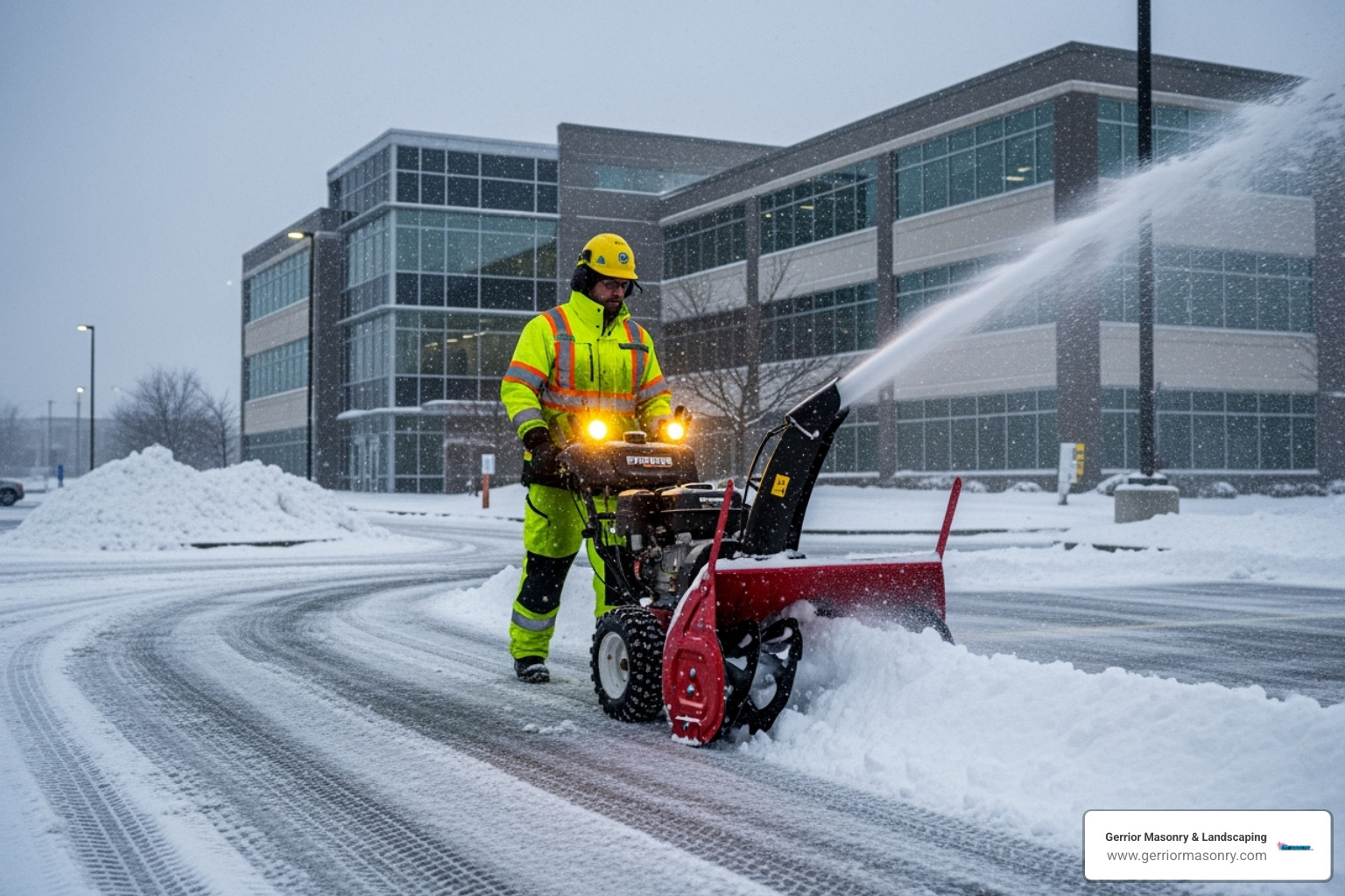 snow removal crew member in high-visibility safety gear - commercial snow plowing companies near me