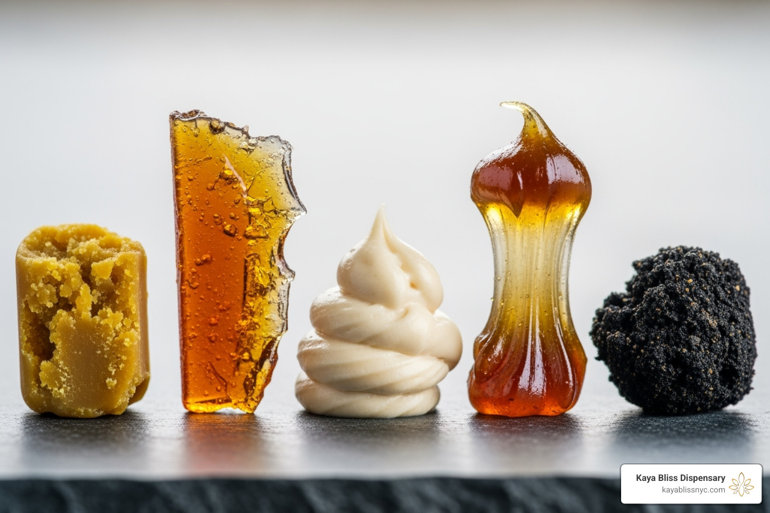 Image showcasing the distinct textures of hash oil like wax, shatter, and budder, with varying levels of transparency and viscosity - hash oil for sale