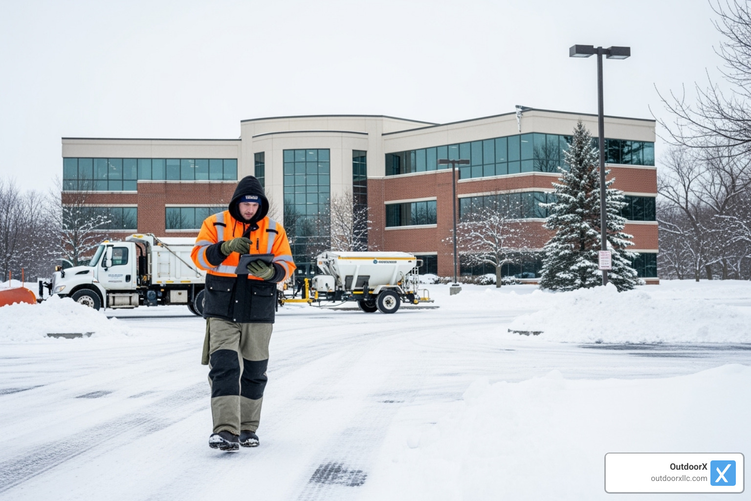 A snow removal professional walking a property with a facility manager.
