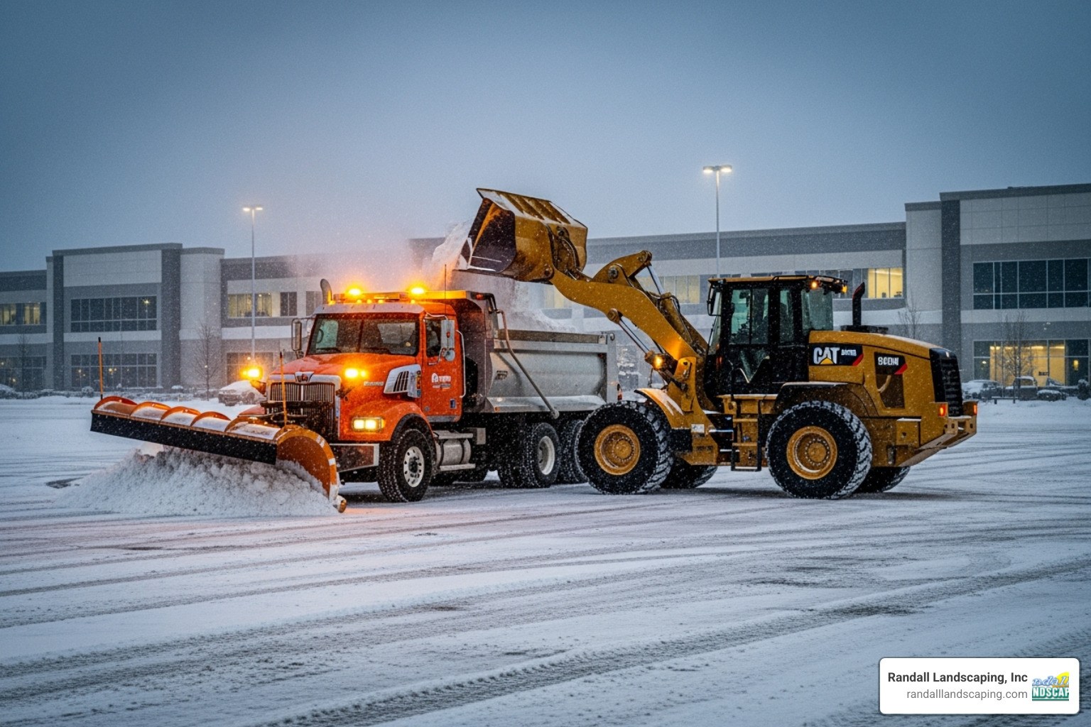 snow removal equipment like a plow truck and a front-end loader - commercial snow removal pricing