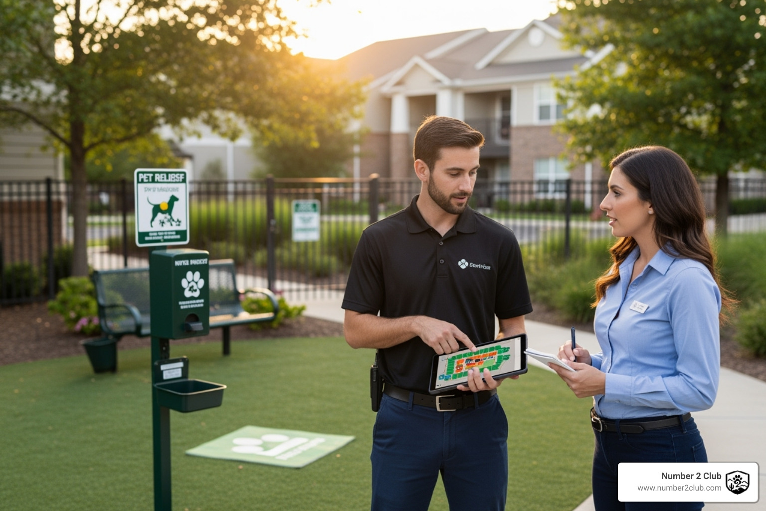 of a service provider consulting with a property manager - Commercial dog waste removal