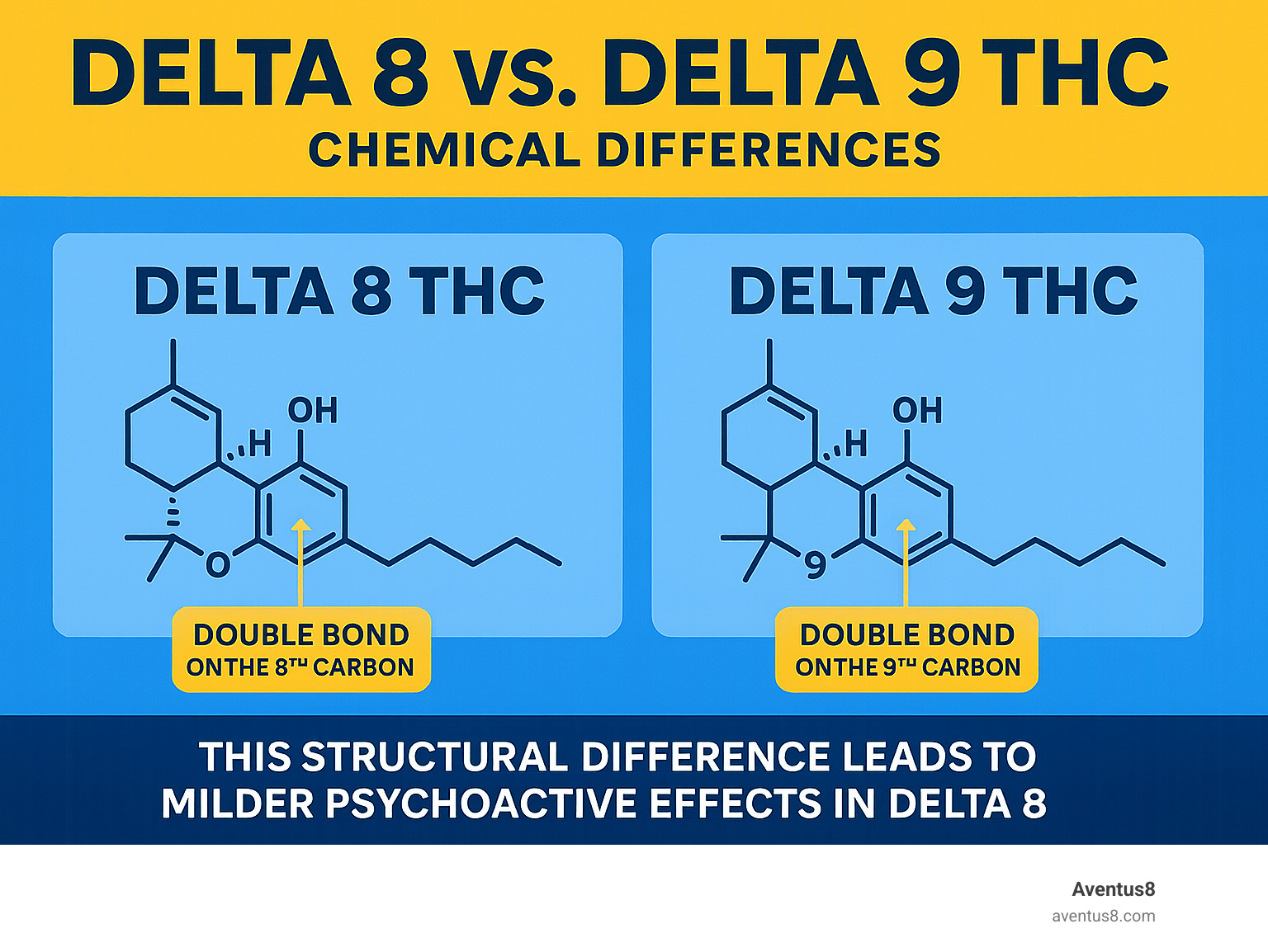 Infographic detailing the chemical differences between Delta 8 and Delta 9 THC, showing their molecular structures and highlighting the position of the double bond on the 8th carbon for Delta 8 and the 9th carbon for Delta 9, with a brief explanation of how this structural difference leads to milder psychoactive effects in Delta 8 - Delta 8 THC gummies infographic 