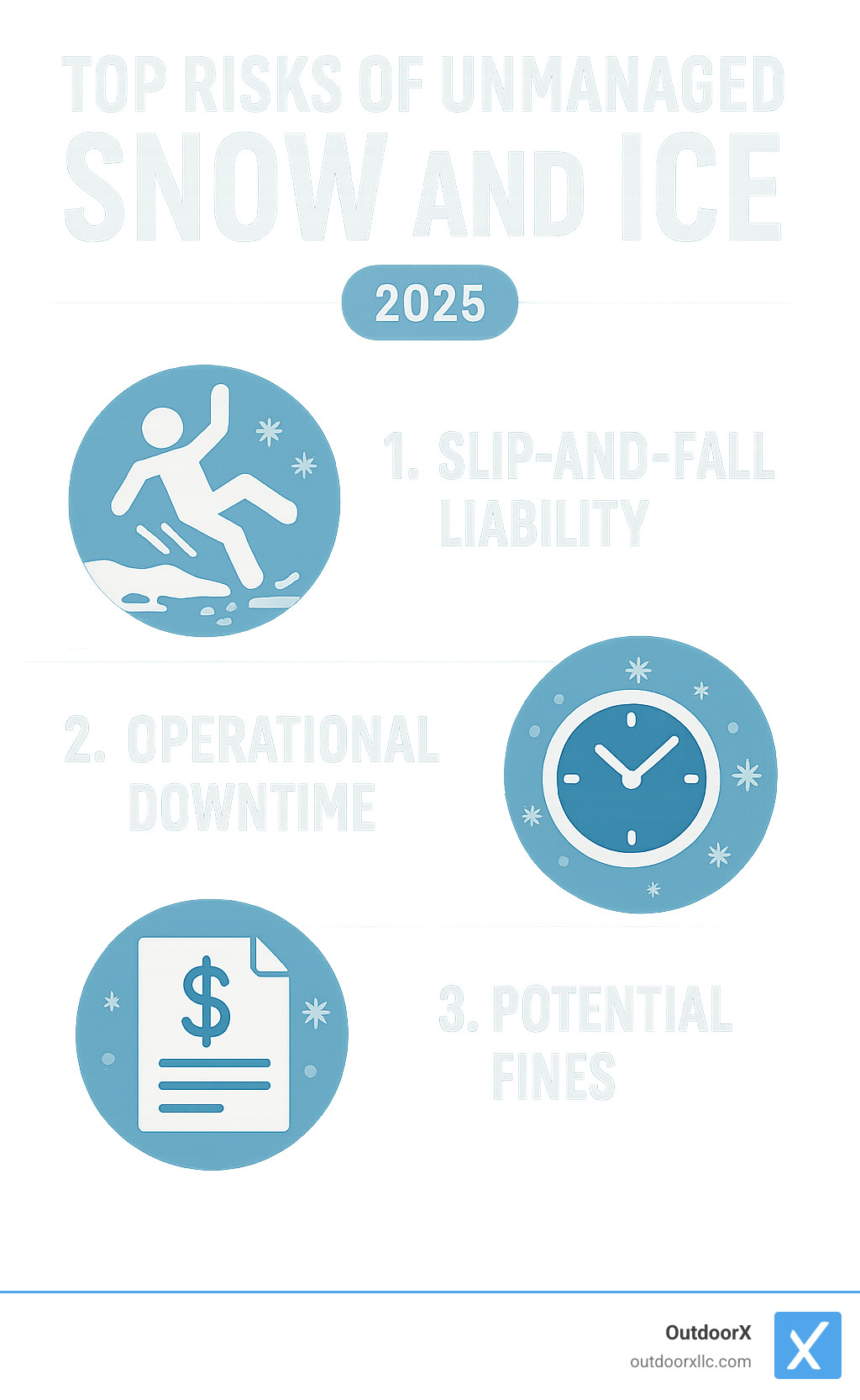explaining the top 3 risks of unmanaged snow and ice: slip-and-fall liability, operational downtime, and potential fines. - commercial snow and ice removal infographic 