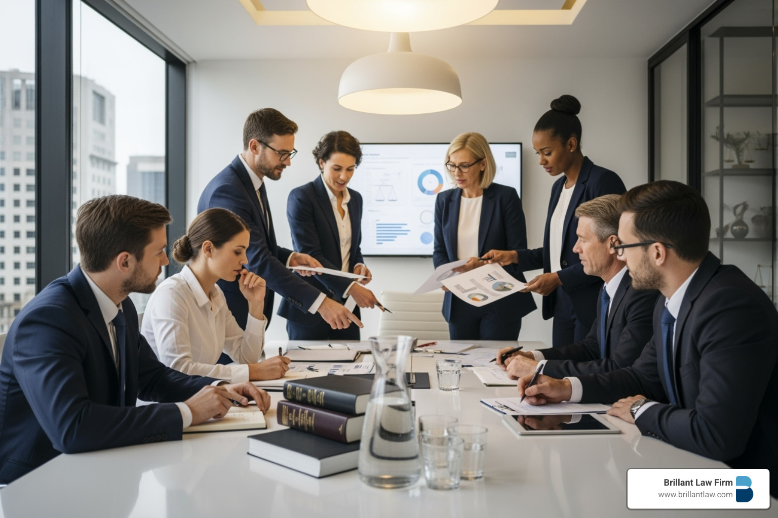 A diverse legal team collaborating around a table, symbolizing a strong and inclusive partnership - commercial litigation firm