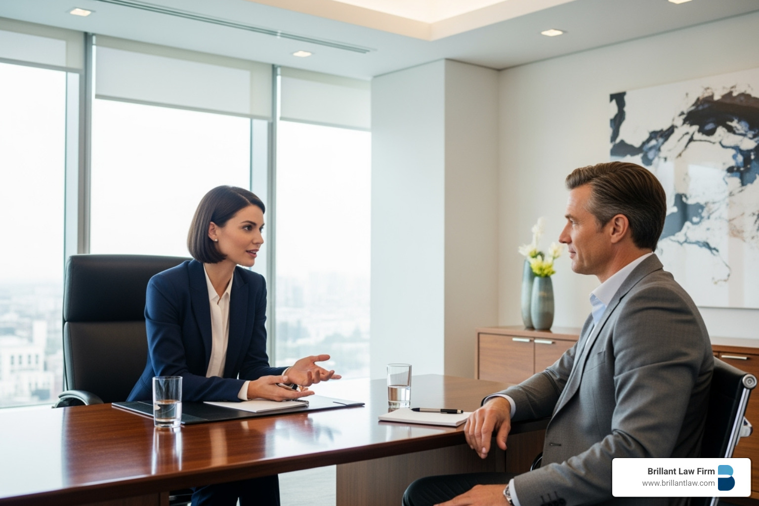 A lawyer confidently addressing a client in a modern law office, emphasizing trust and direct communication - commercial litigation firm