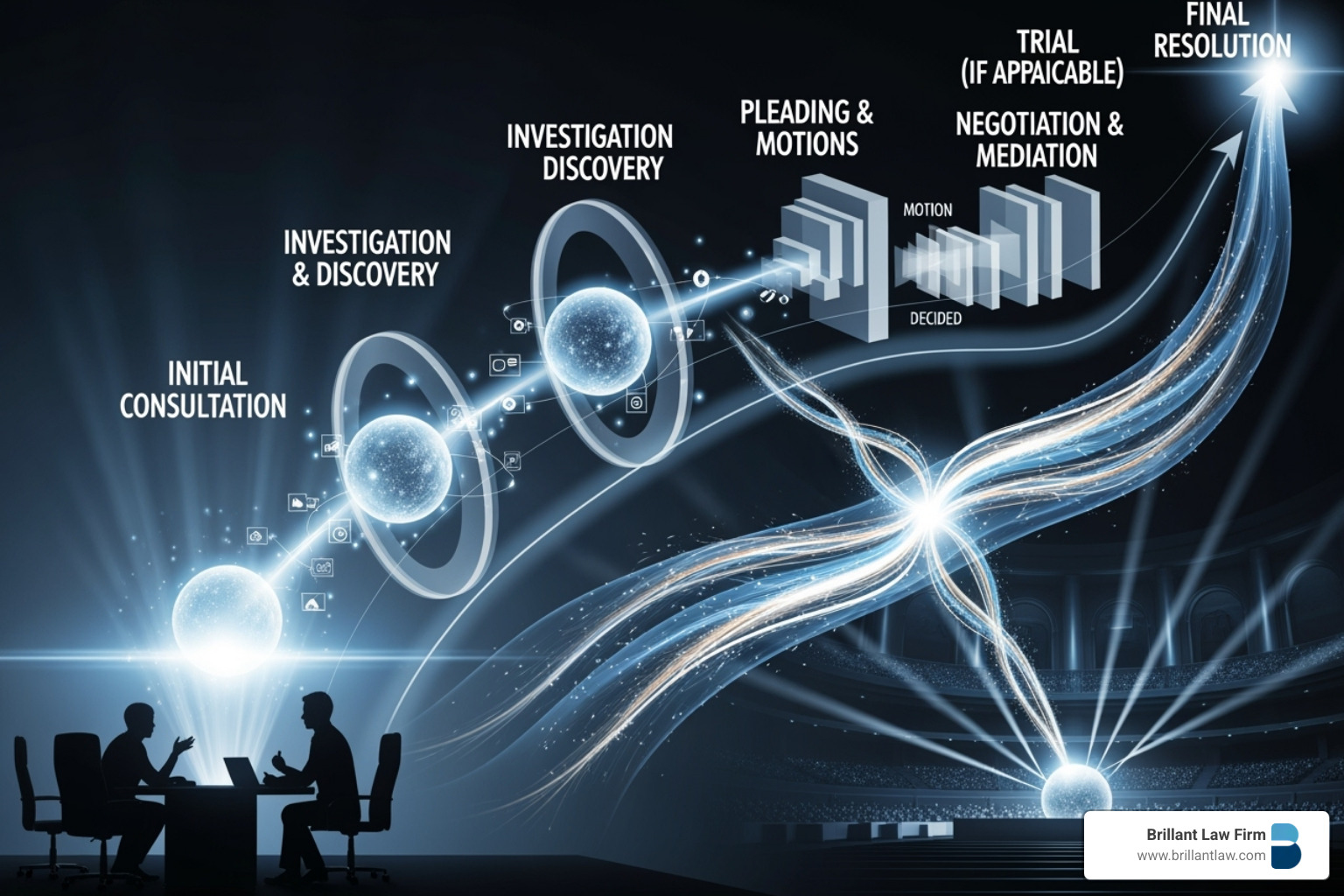 A detailed flowchart illustrating the typical stages of the commercial litigation process, from initial consultation to potential appeal - commercial litigation firm