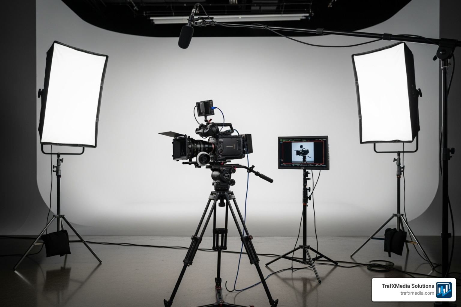 a professional video production setup, with a high-quality camera, lighting, and microphone in a modern studio setting. - YouTube marketing San Francisco