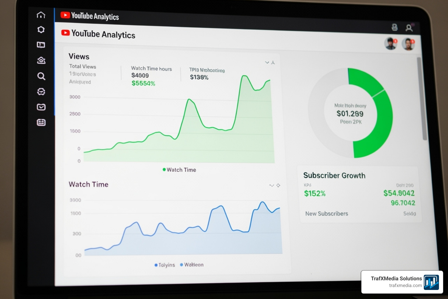 a laptop screen showing a YouTube Analytics dashboard with graphs indicating positive growth in views, watch time, and subscribers. - YouTube marketing San Francisco