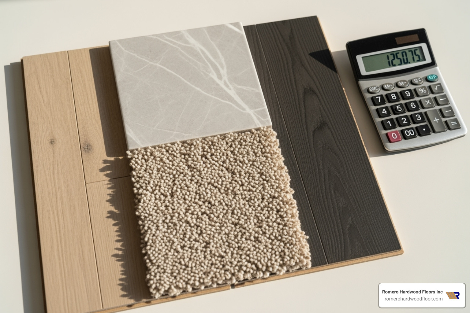 Flooring samples next to a calculator - Flooring Installer Near Me