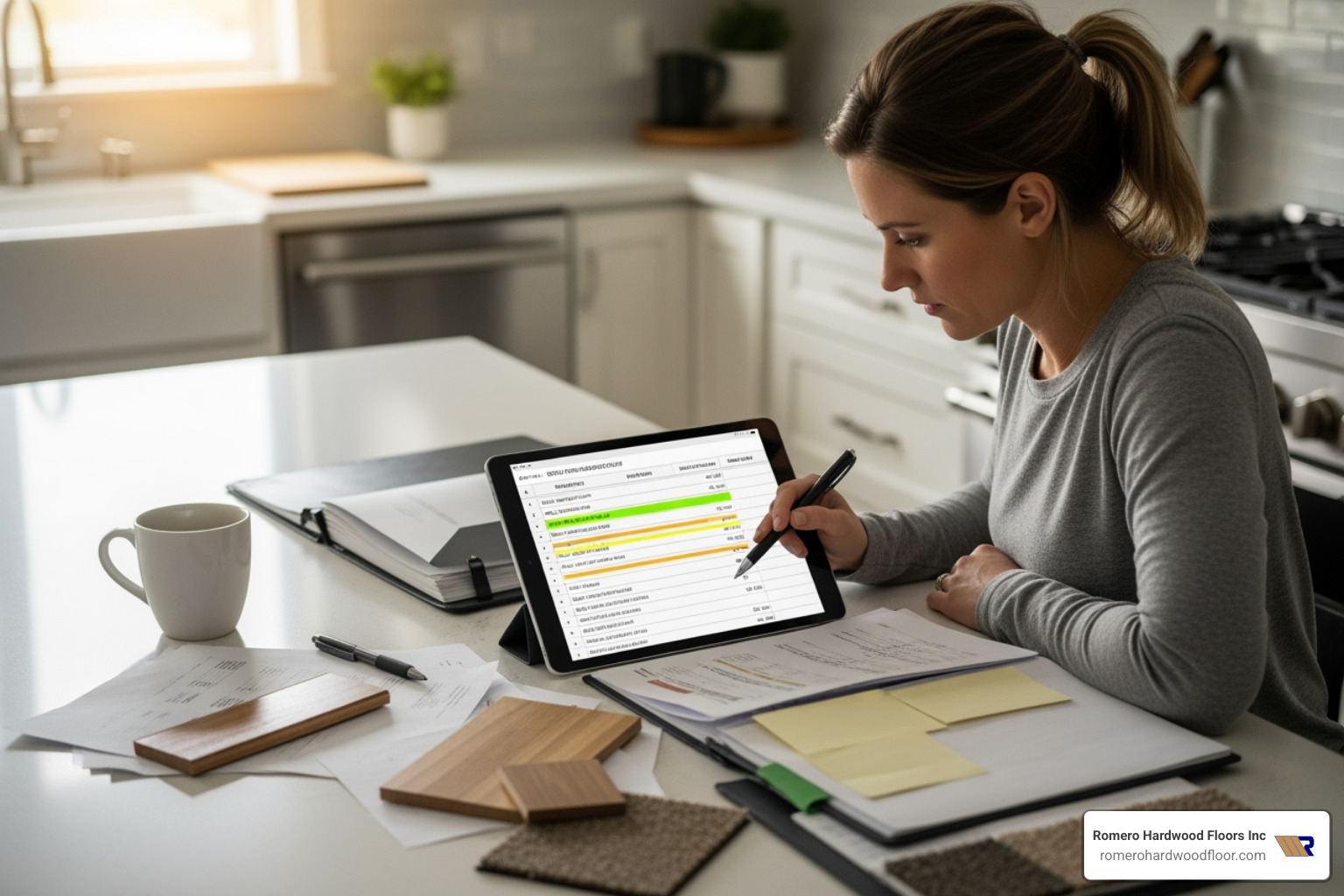 A homeowner comparing quotes from different flooring contractors on a tablet - Flooring Installer Near Me