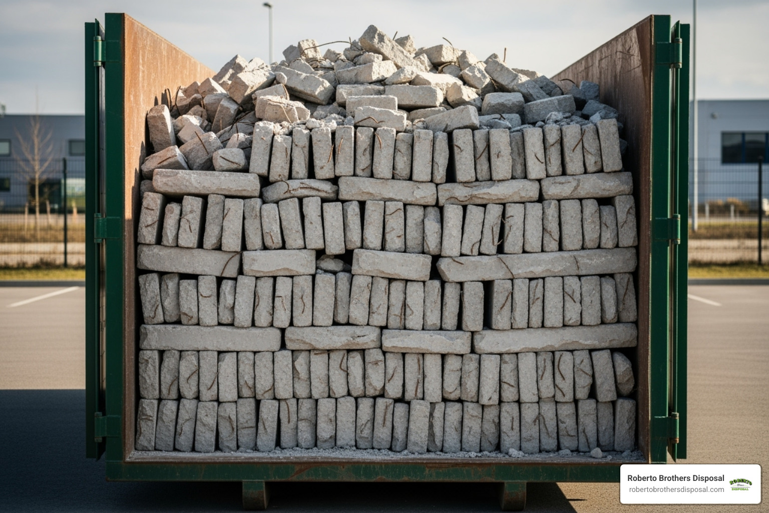 A neatly loaded dumpster containing only broken concrete - concrete dumpster rental prices