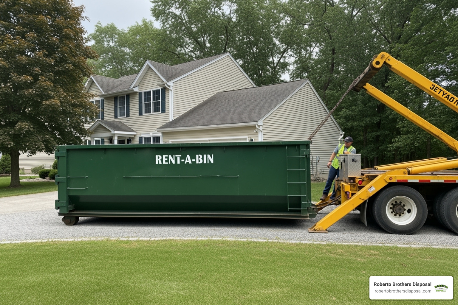 A 10-yard dumpster being delivered to a residential property - concrete dumpster rental prices